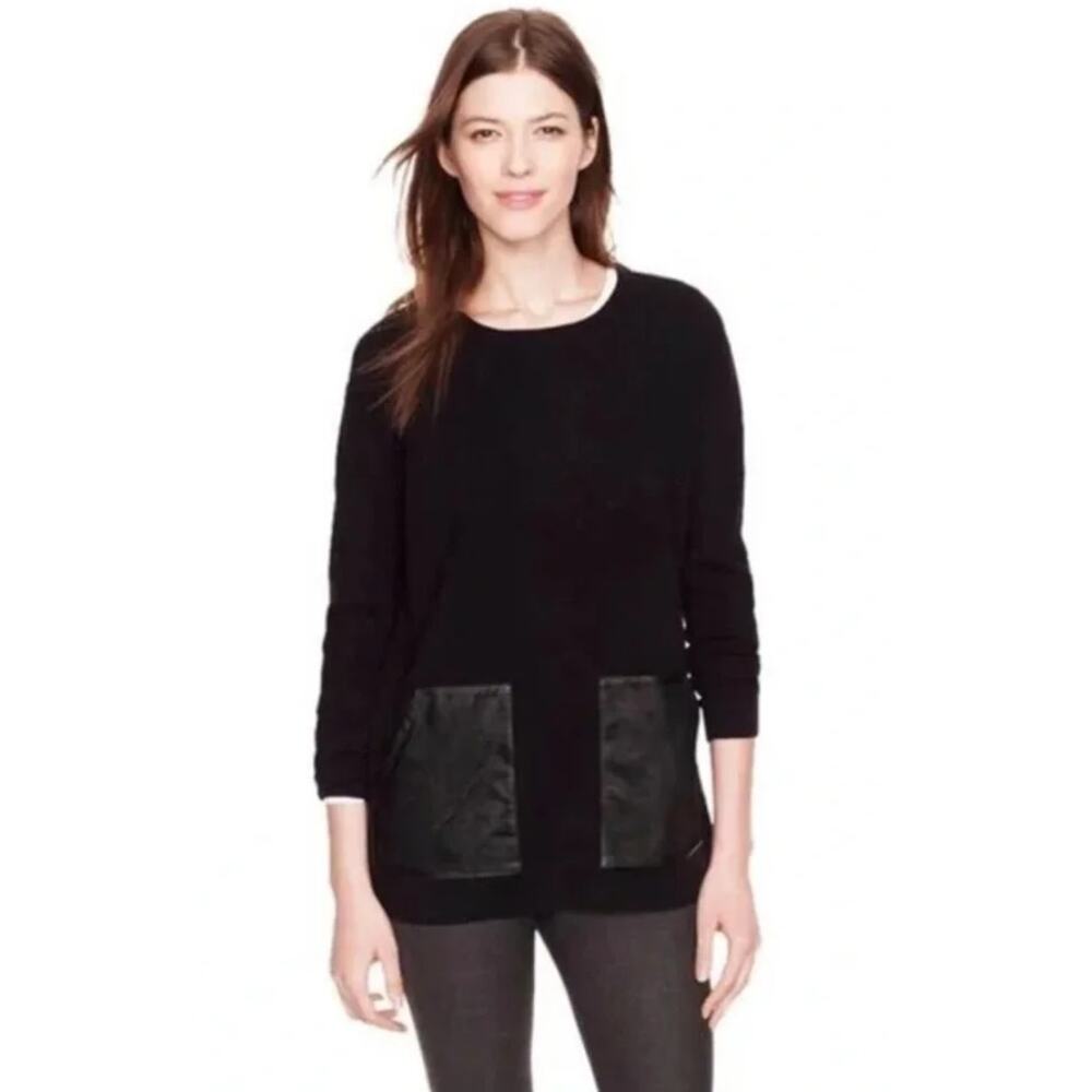 J. Crew Tunic Sweater Womens Large Black NWT Merino Wool‎ Leather Pockets 02624